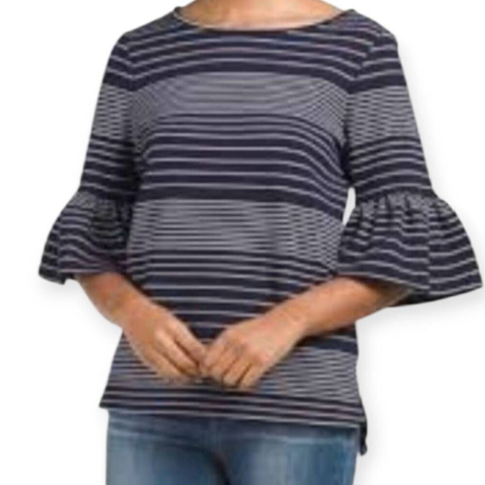 MAX STUDIO NAVY & WHITE STRIPE TOP W/BELL SLEEVES SZ.S EUC.